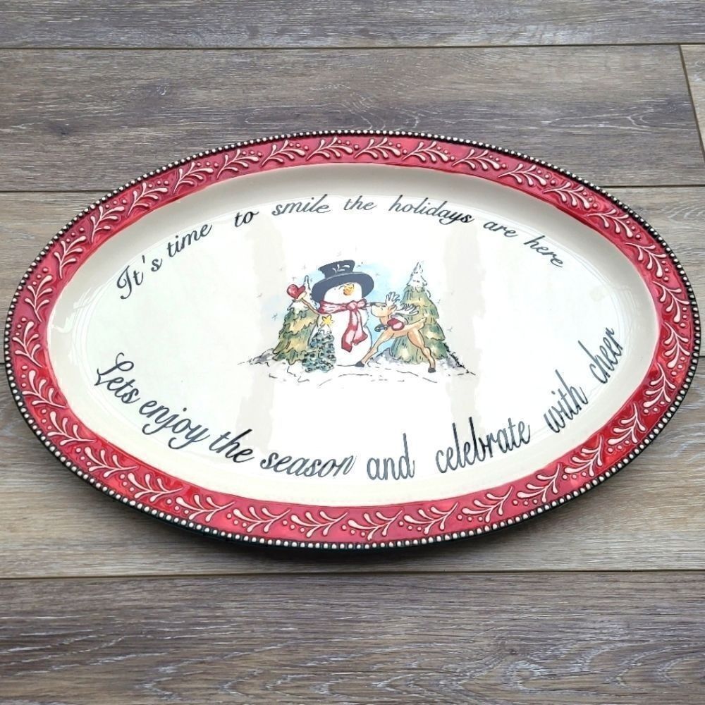BLUE SKY "SNOWMAN" oval serving platter It's time to smile the holidays are here